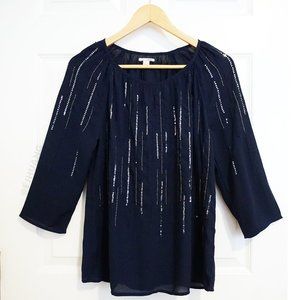 Halogen Nordstrom Sequin Beaded Sparkly Navy 3/4 Sleeve Top